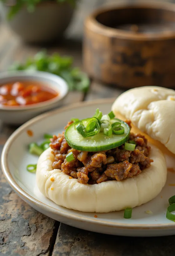 Hidangan bao bun daging domba pedas disajikan
