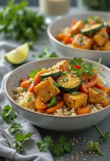 Wok tahu bakar dengan dasar quinoa kari