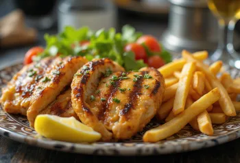 Piring gyros disajikan penuh warna dengan daging, kentang goreng, dan sayuran segar