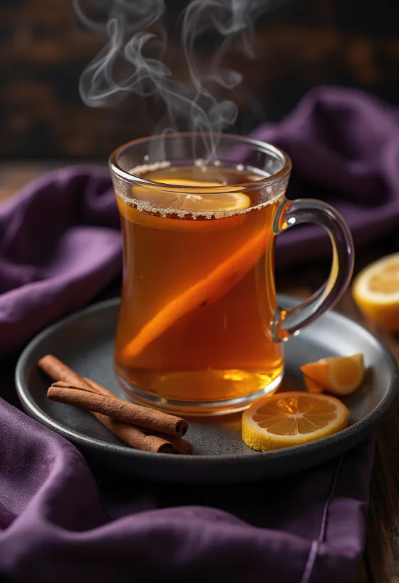 Minuman Hot Toddy dihiasi dengan batang kayu manis dan irisan lemon