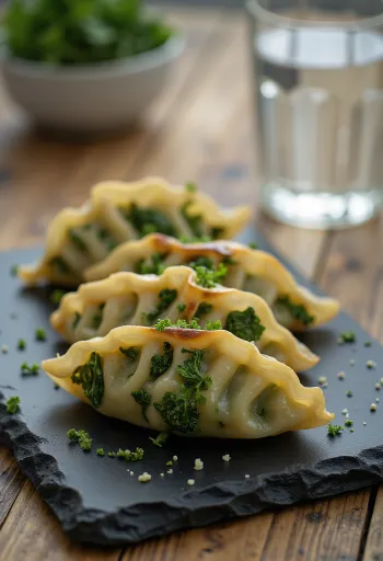 Kale gyoza dengan bagian bawah renyah disajikan dengan mangkuk kecap asin