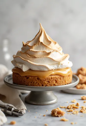 Kue meringue karamel dengan meringue yang dikaramelisasi menggunakan torch dapur