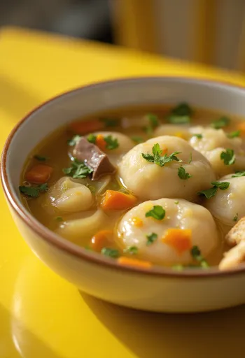 Sup dumpling hati tradisional, disajikan dengan sayuran dan peterseli.