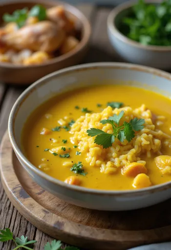 Sup Mulligatawny dengan ayam disajikan