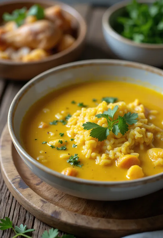 Sup Mulligatawny dengan ayam disajikan