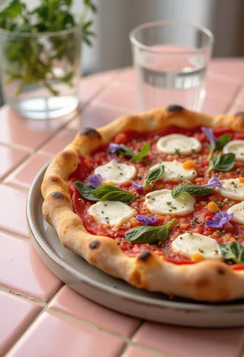 Pizza ai Fiori di Basilico dengan kemangi segar dan bunga kemangi