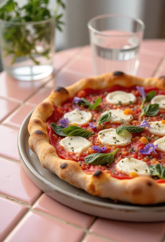 Pizza ai Fiori di Basilico dengan kemangi segar dan bunga kemangi