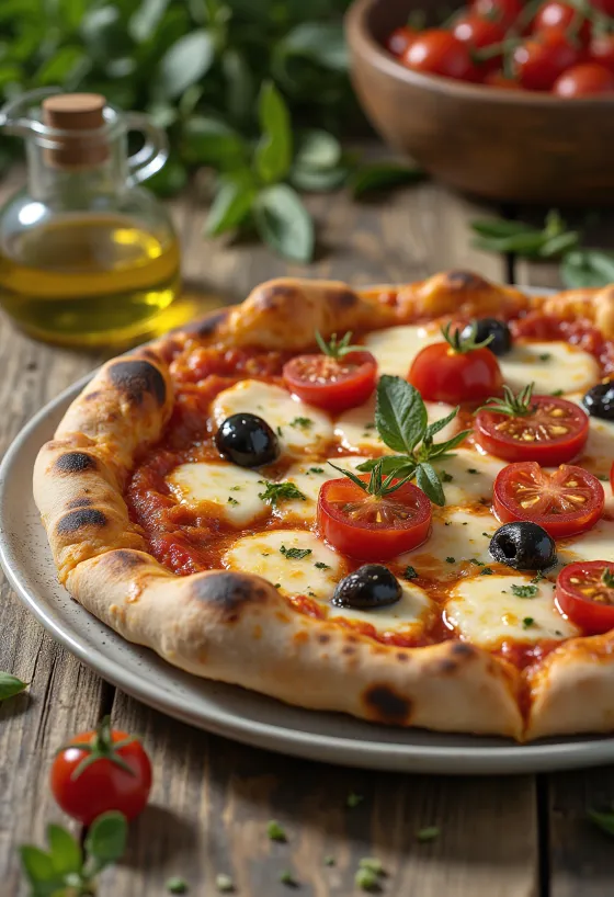 Pizza alla Barese dengan zaitun hitam dan tomat