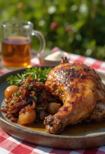 Bebek panggang dengan bawang karamel disajikan