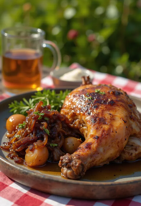 Bebek panggang dengan bawang karamel disajikan
