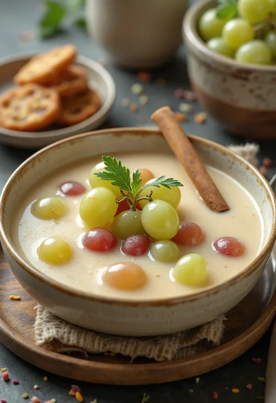 Sup anggur menyegarkan dengan anggur segar dan hiasan mint