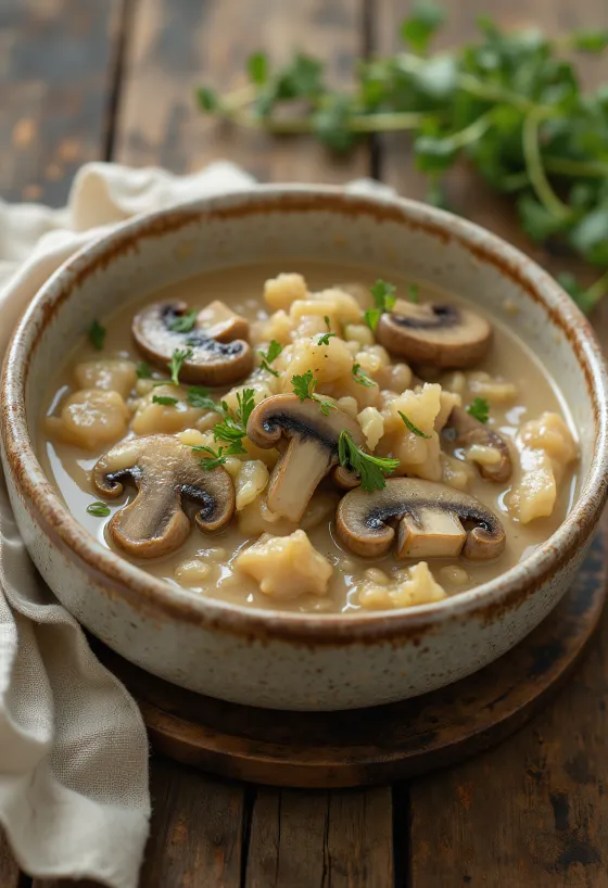 Saus jamur tarragon disajikan
