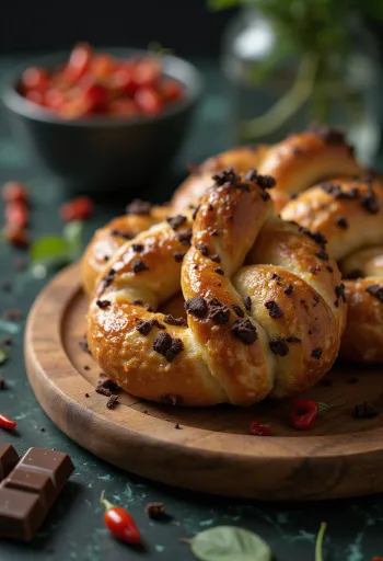 Pretzel cokelat cabai disajikan