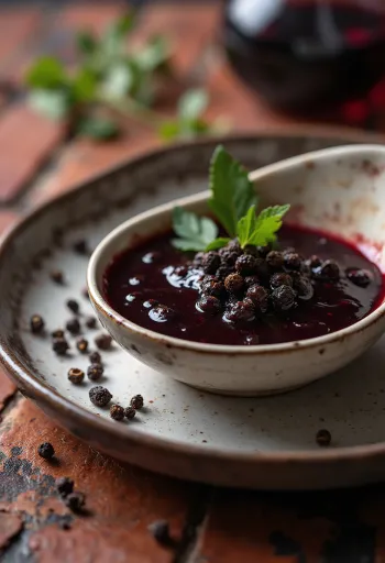 Saus anggur merah lada hitam disajikan