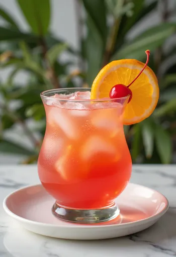 Koktail Hurricane dihiasi dengan irisan jeruk dan ceri koktail