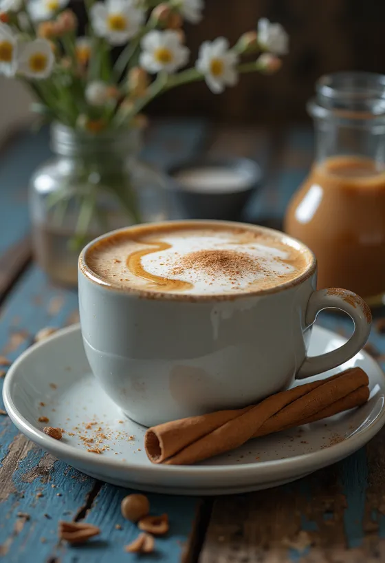 Chai latte karamel disajikan dalam gelas