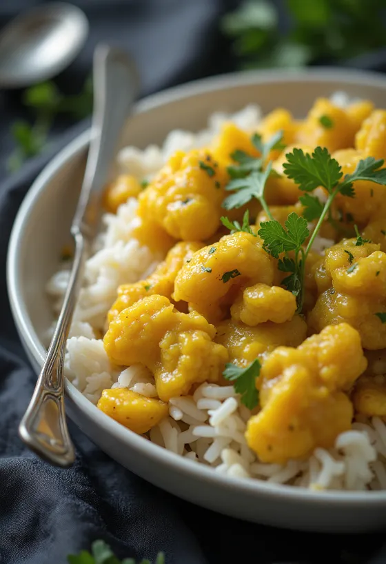 Nasi kembang kol dengan sayuran kari, disajikan segar.