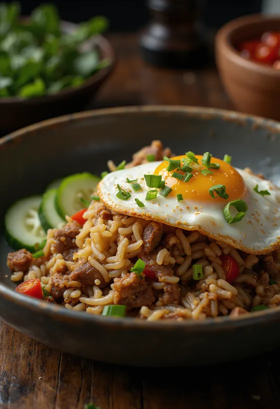 Nasi Goreng dengan daging sapi dan telur mata sapi