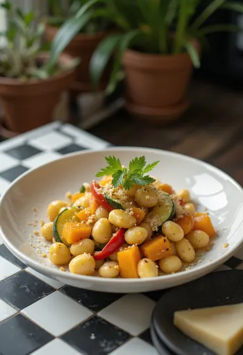 Gnocchi labu kuning dengan sayuran disajikan