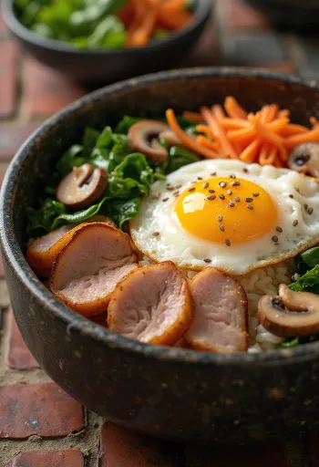 Bibimbap daging sapi, hidangan mangkuk Korea dengan nasi dan sayuran