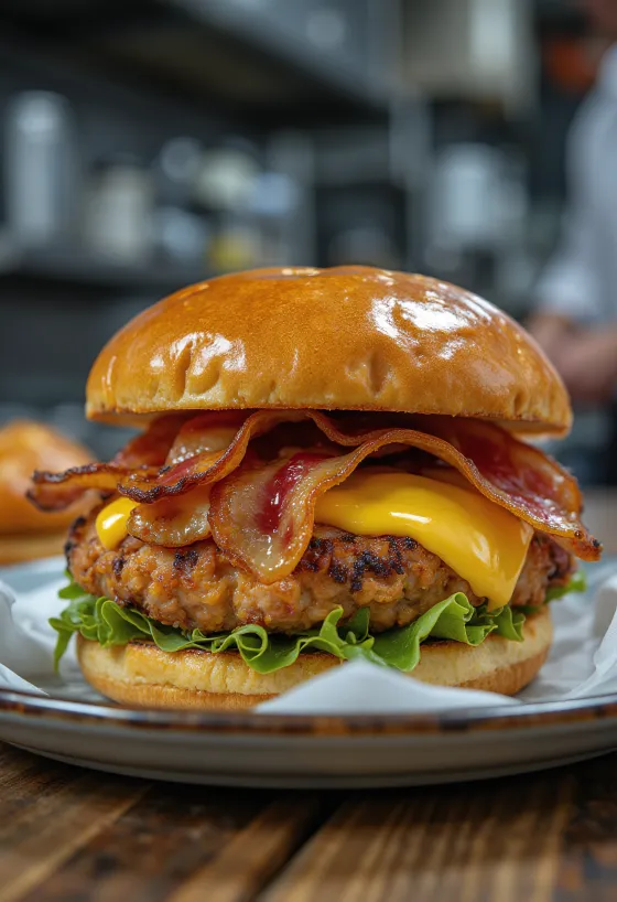 Burger club ayam dengan daging sapi asap renyah dan ayam panggang