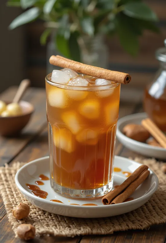 Es teh karamel kayu manis dalam gelas dengan es dan mint
