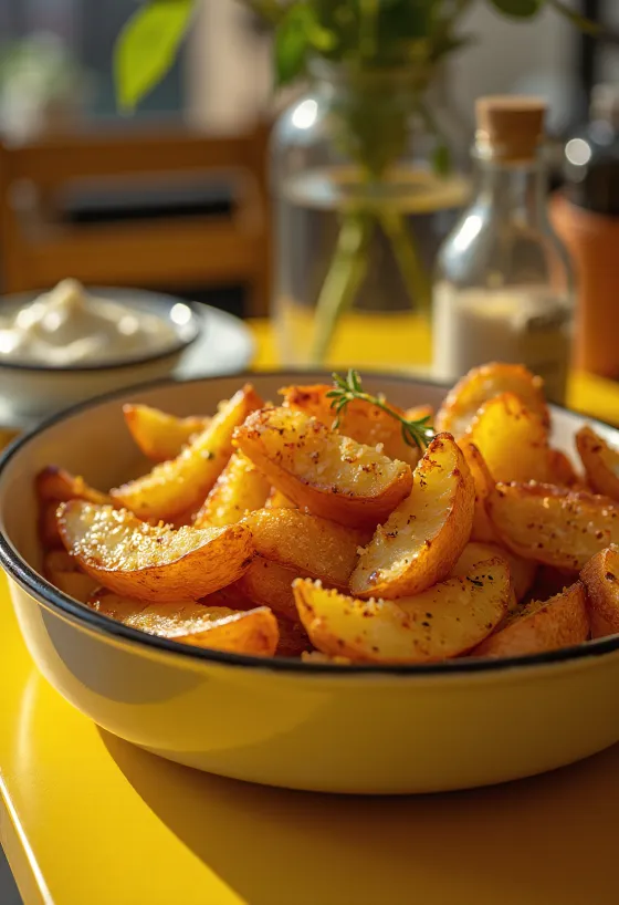 Kentang bumbu renyah dipanggang cokelat keemasan, ditaburi rempah segar