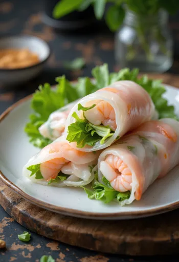 Gulungan gỏi cuốn transparan dengan udang merah segar