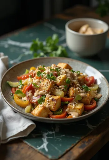Wok tahu bakar dengan tahini