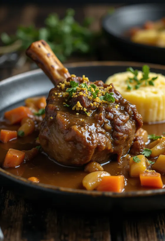 Osso buco dengan gremolata disajikan dengan risotto