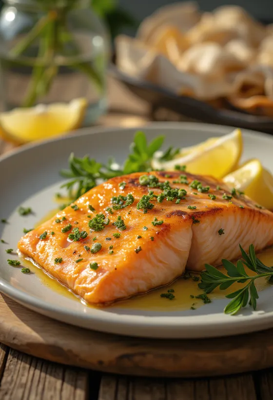 Fillet salmon panggang, dengan kulit renyah dan hiasan irisan lemon
