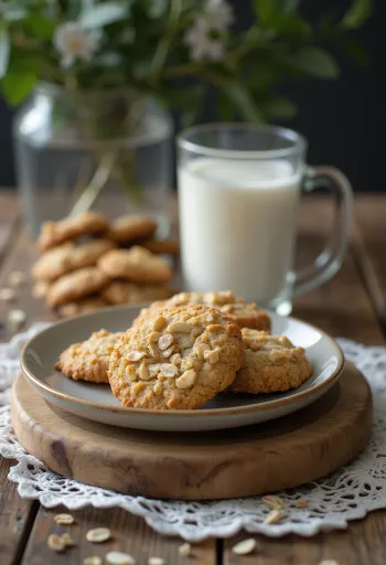 Biskuit oatmeal dipanggang cokelat keemasan, disajikan di atas nampan