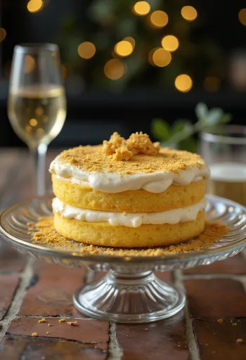Kue emas yang elegan disajikan di atas alas kue