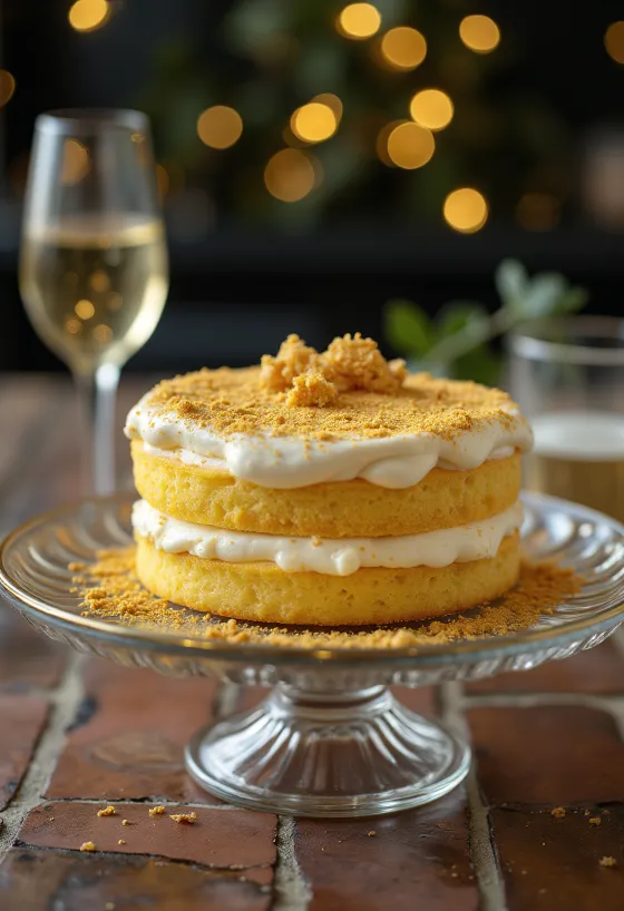 Kue emas yang elegan disajikan di atas alas kue