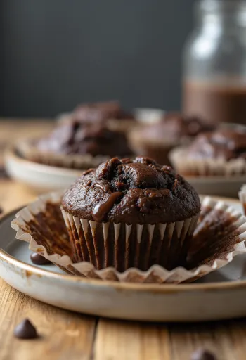 Muffin cokelat dipanggang cokelat keemasan, disajikan dengan keping cokelat