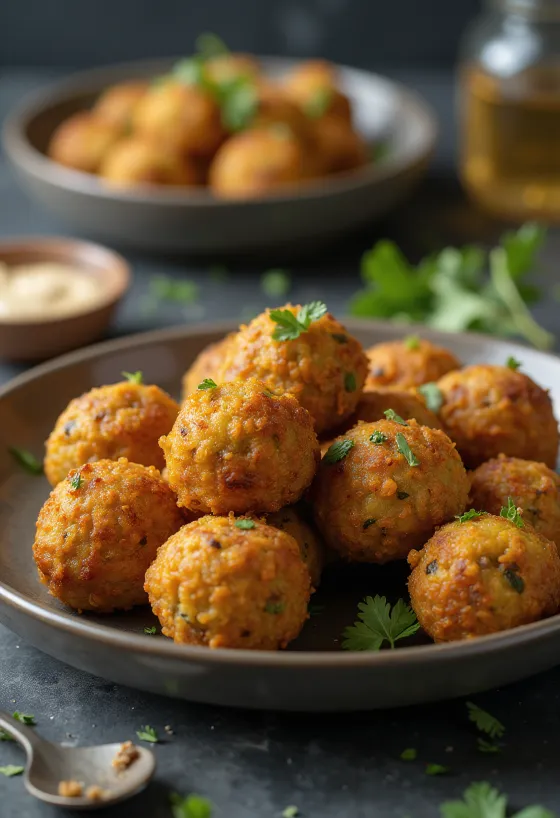 Falafel dengan bagian luar cokelat keemasan renyah, ditaburi rempah segar