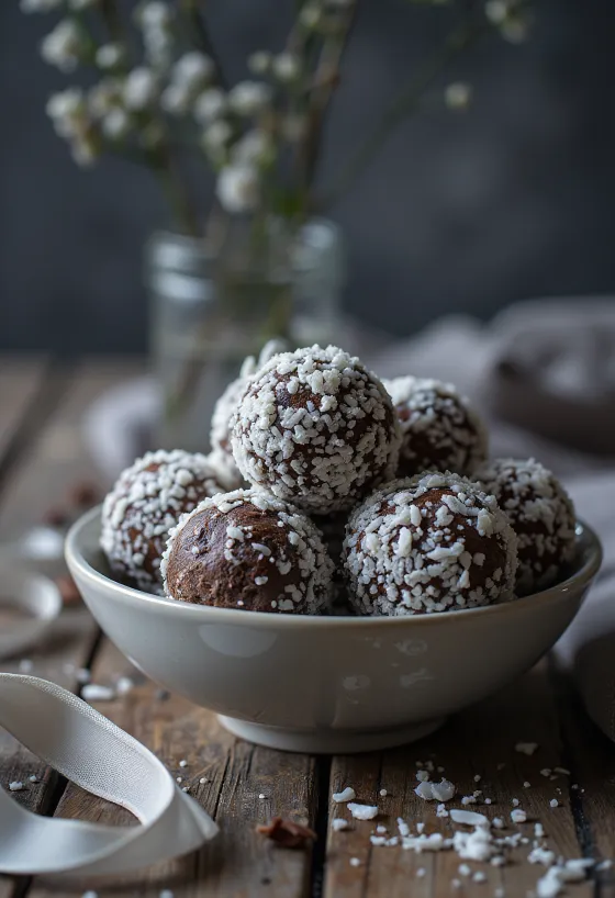 Bola cokelat salju digulingkan di kelapa parut