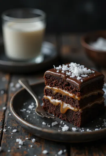 Kue cokelat karamel dalam penyajian elegan