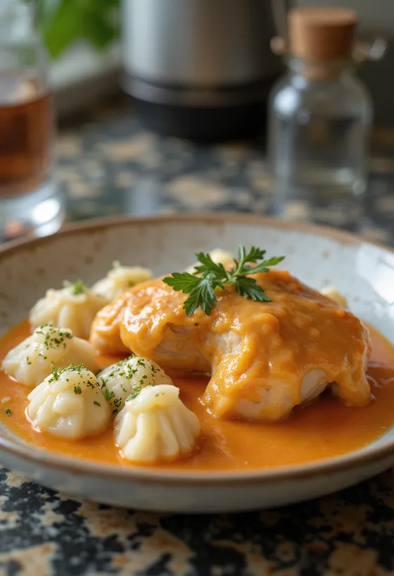 Ayam paprika dengan galuska keju cottage, hidangan tradisional Hungaria