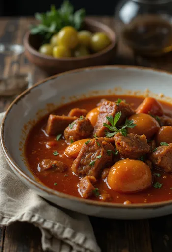 Pörkölt dengan potongan daging szaftos, disajikan dalam saus paprika berbumbu