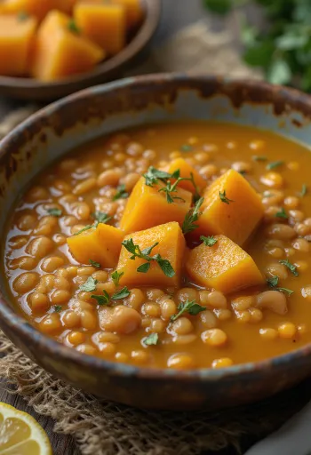 Sup lentil labu kuning disajikan