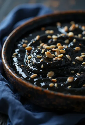 Saus bawang putih hitam wijen dalam mangkuk, disajikan dengan biji wijen sangrai dan jahe segar.
