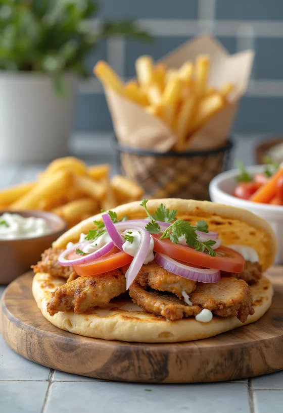 Gyros pita campur dengan ayam, daging sapi, tzatziki, tomat, bawang, dan kentang goreng