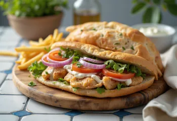 Gyros pita campur dengan ayam, daging sapi, tzatziki, tomat, bawang, dan kentang goreng