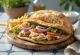 Gyros pita campur dengan ayam, daging sapi, tzatziki, tomat, bawang, dan kentang goreng