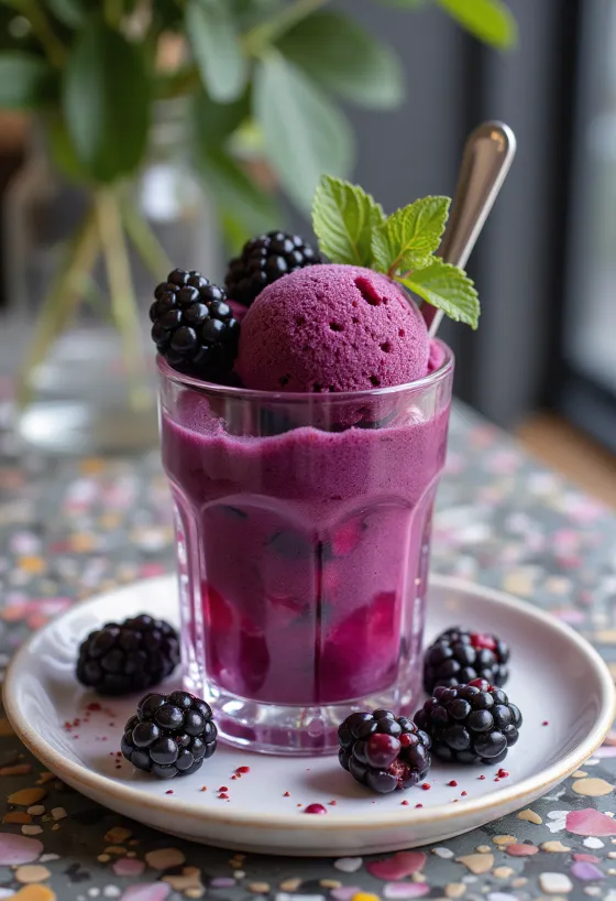 Sorbet blackberry disajikan