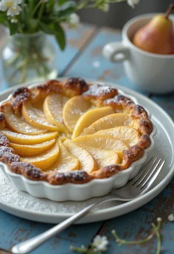 Clafoutis irisan pir segar berwarna keemasan, siap disajikan