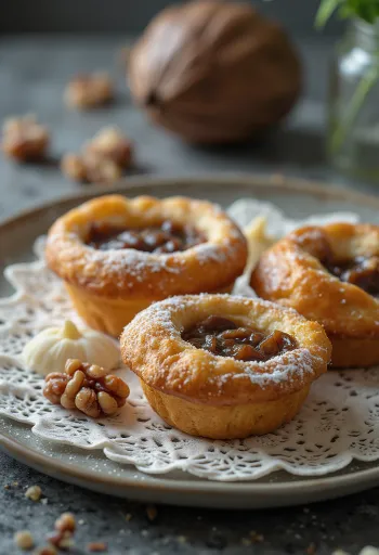 Keranjang kenari dipanggang cokelat keemasan, ditaburi gula halus