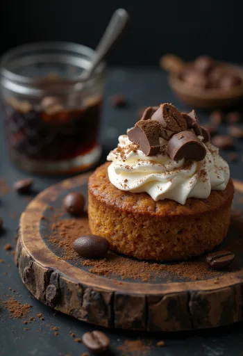 Kue chestnut kopi disajikan dengan taburan kakao dan serutan cokelat