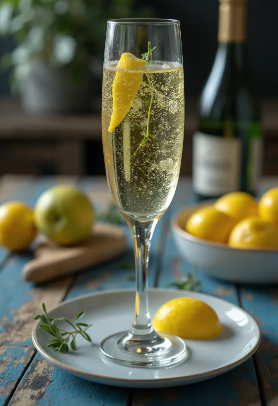 Cider prosecco Italia dalam gelas dihiasi dengan tangkai rosemary